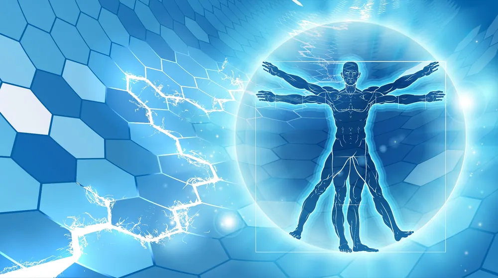 Illustration of the Vitruvian Man in a sphere of light