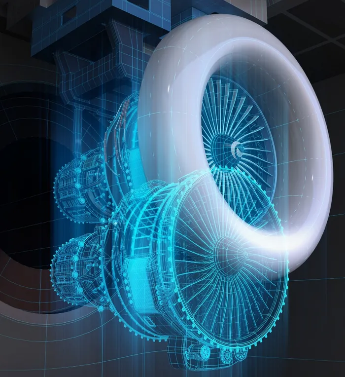 Wireframe illustration of a turbofan engine