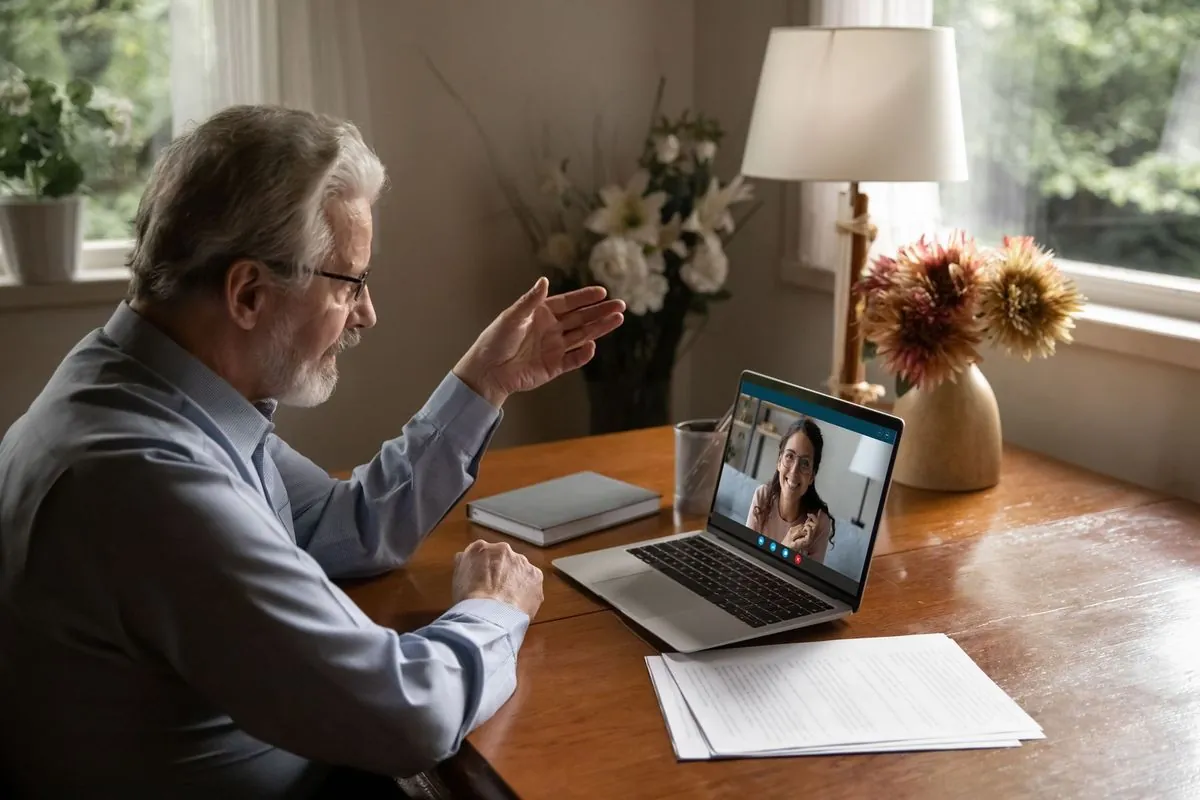 An experienced engineer mentoring a younger engineer by video call