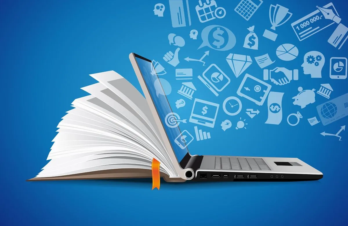 An open book turning into a laptop computer