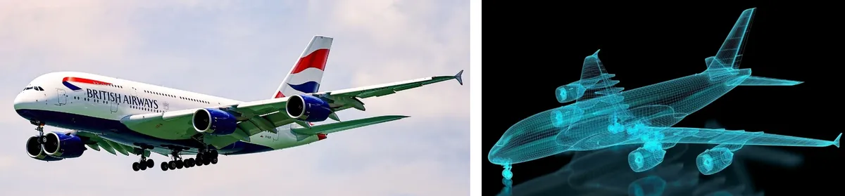 A real aircraft next to its wireframe model