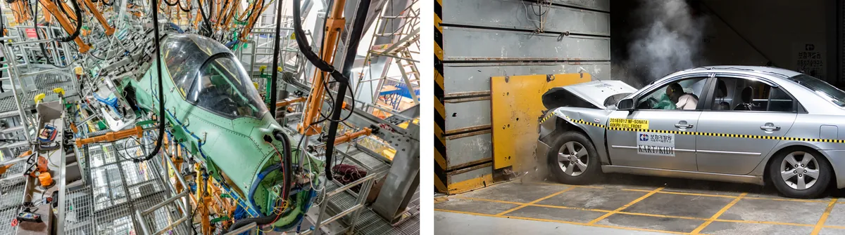 A car on a test rig and a car crash test