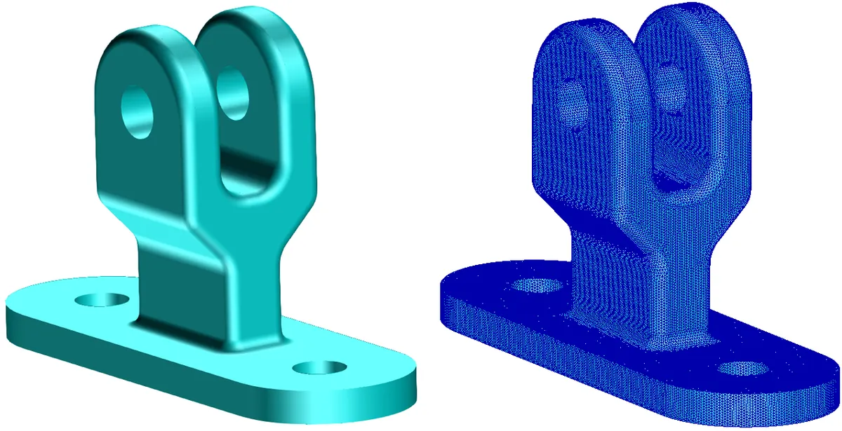 CAD geometry of a fitting next to its solid element mesh