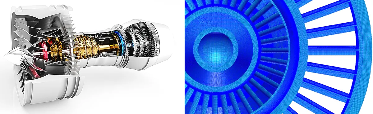 Cutaway of a turbofan engine next to the finite element mesh of its fan and stages