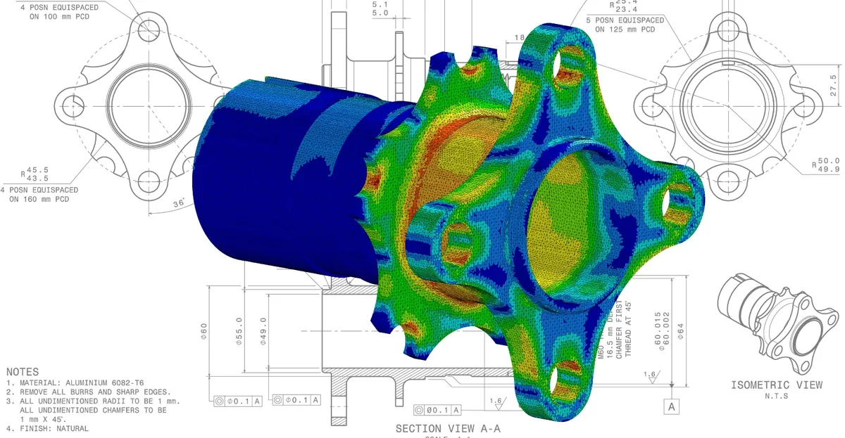 Engineering drawing of a hub next to its FEA stress results