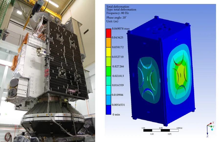 A satellite during integration and the computed vibration mode of a satellite structure
