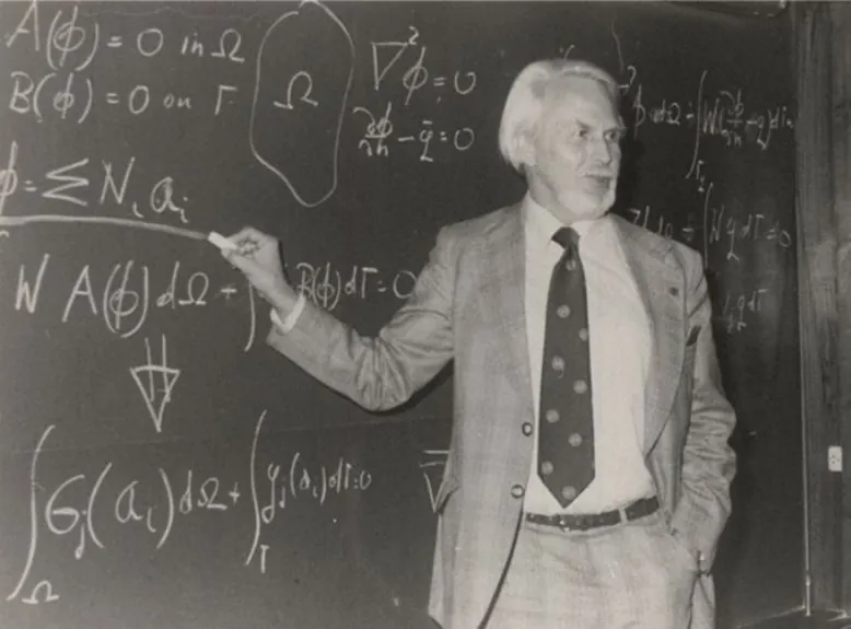 Olgierd Zienkiewicz teaching at a blackboard
