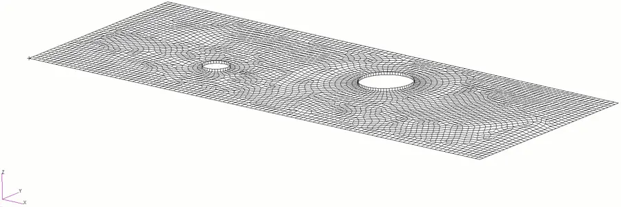 Animated first buckling mode of a panel with holes under compression only