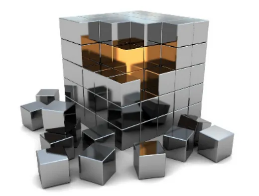 Assembly of interlocking cubes illustrating parts interacting through contact